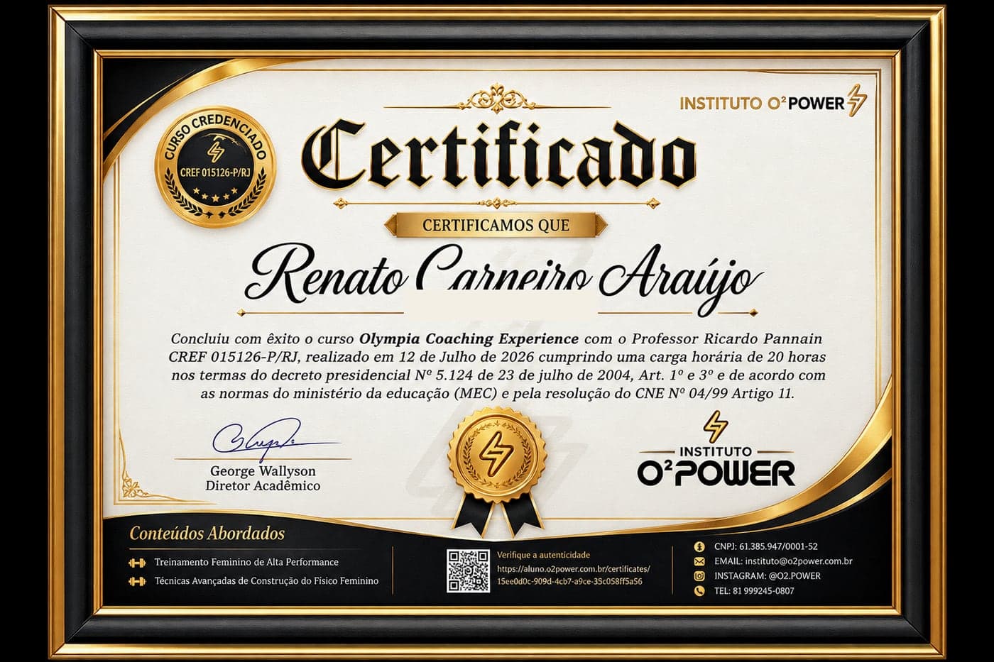 Certificado do Instituto O²Power — Olympia Coaching Experience com o professor Ricardo Pannain